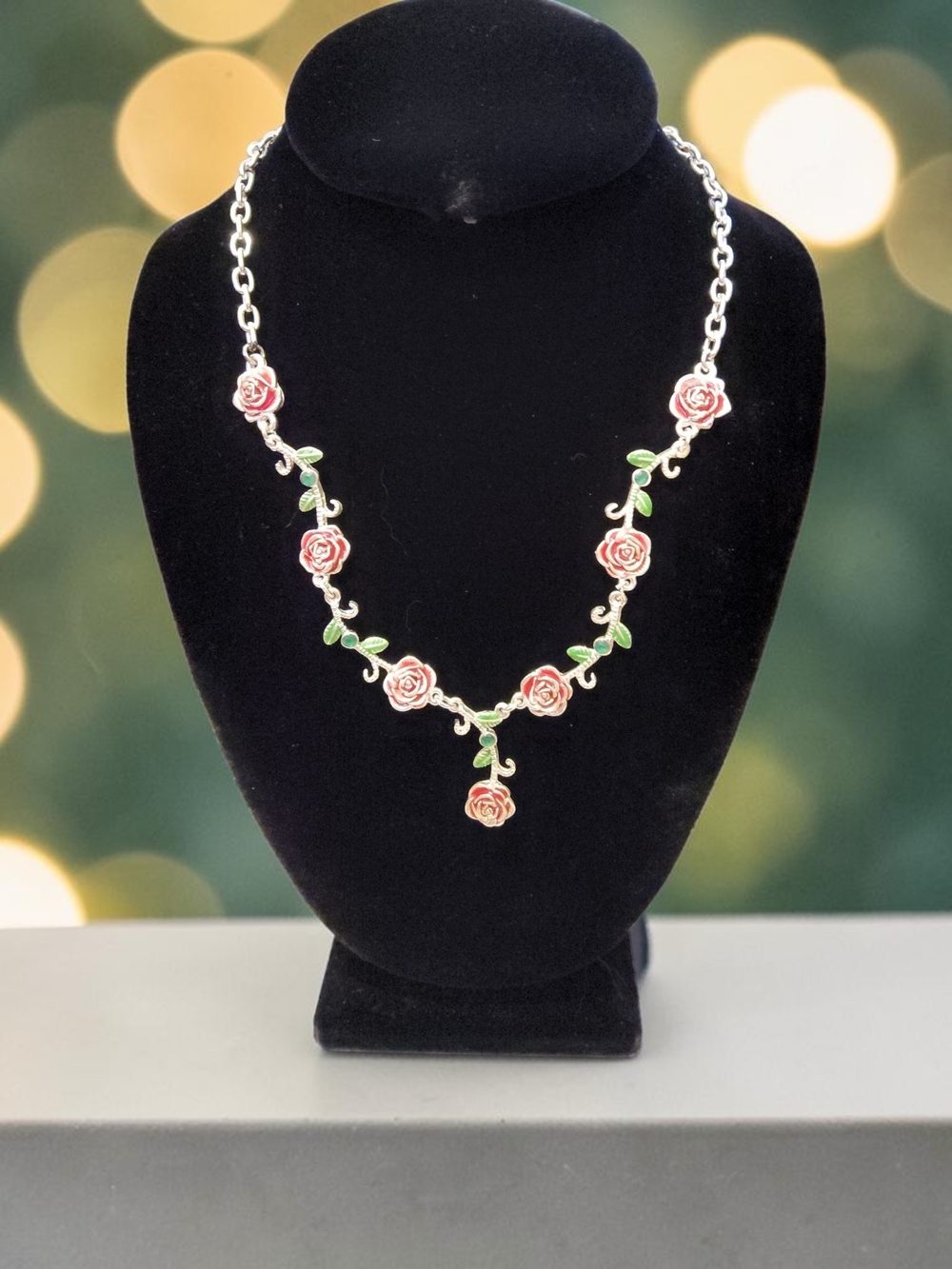 10 / $10 Rose Vine Enamel Necklace - Pink & Green Floral Design
